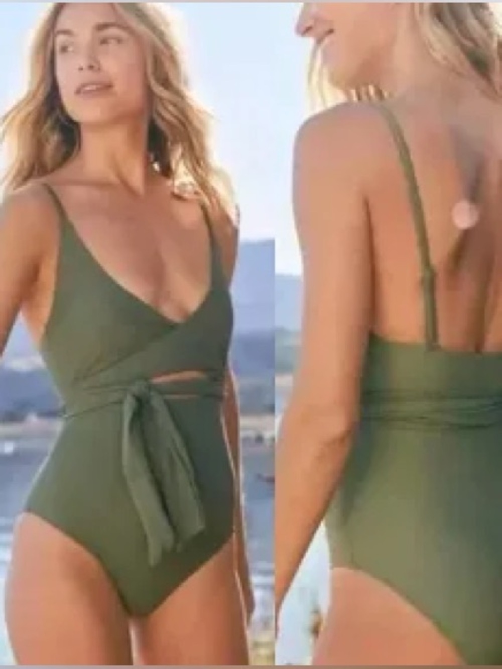 aerie Wrap Tie One-Piece Swimsuit Minimalist Full Olive Green Coverage Large